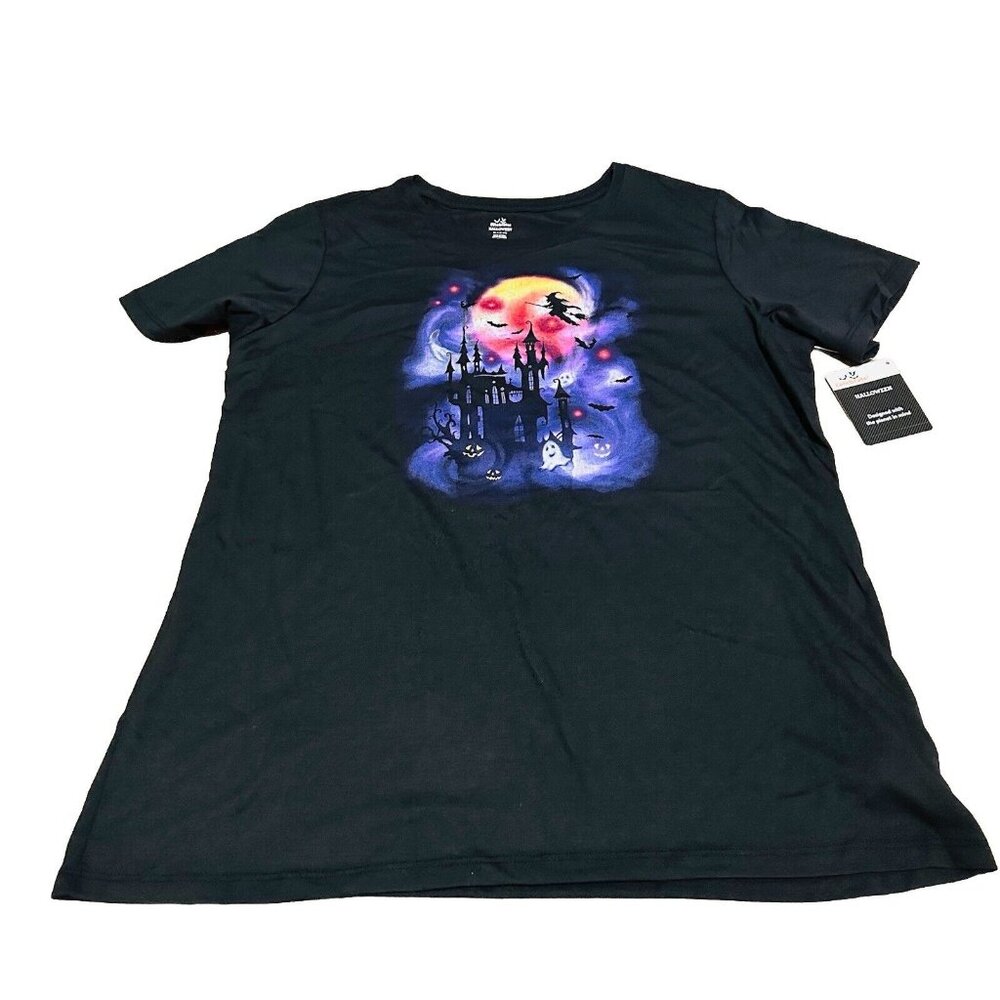 Womens Large Haunted House Halloween Shirt Witch Flying Broom